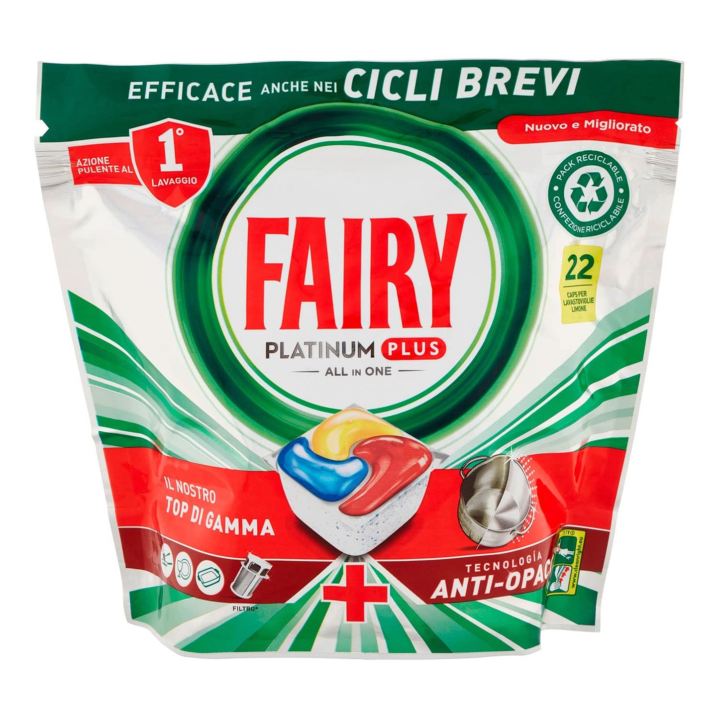 Fairy Tab Lavastoviglie Caps Platinu Plus Yelloe, Confezione da 22 Caps