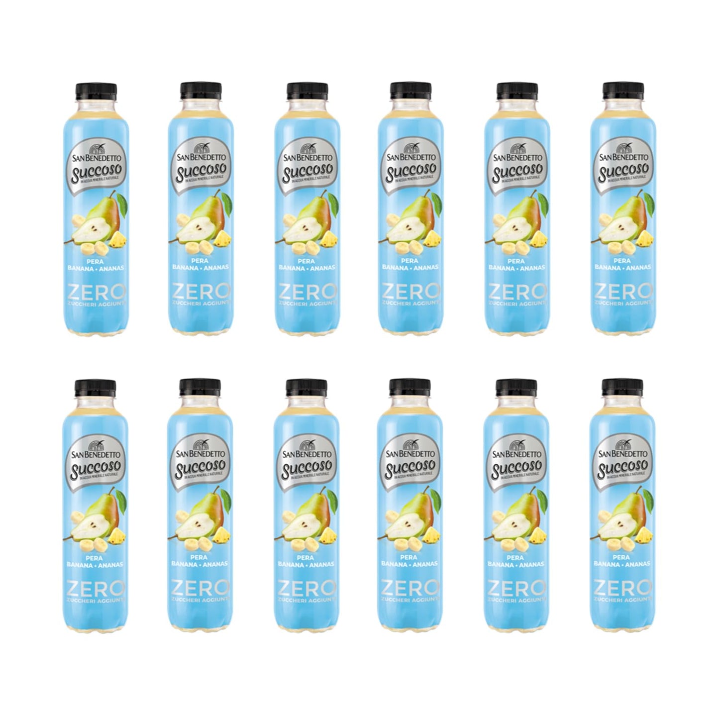 San Benedetto, Succoso Zero alla Pera, Banana e Ananas, 12x400 ml Bevanda Leggera e Dissetante in Acqua Minerale Naturale, Senza Zuccheri, Conservanti Coloranti e Glutine