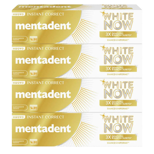 Mentadent White Now Instant Correct Dentifricio Sbiancante Azione Istantanea Bianco Uniforme Contro Macchie Superficiali Smalto Denti Sbiancamento Temporaneo - 4 Flaconi da 75ml