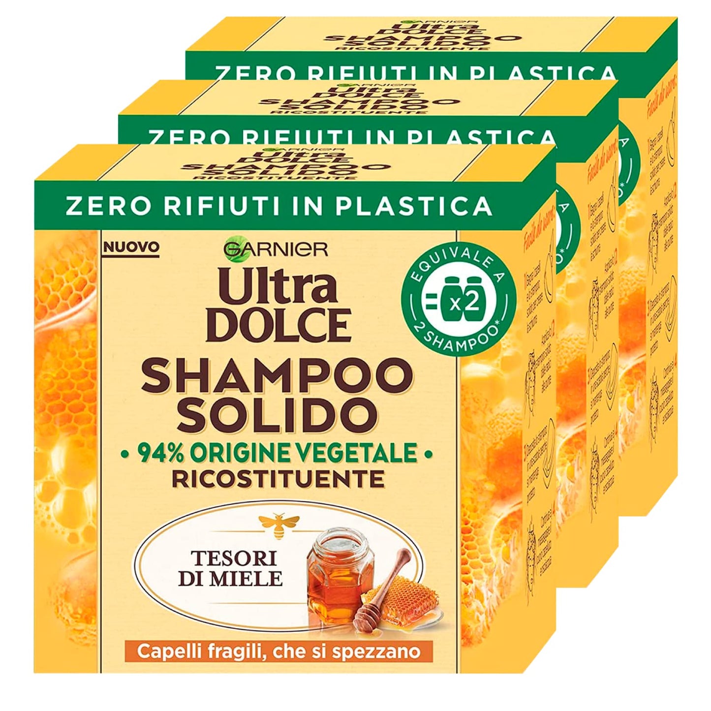 3x Garnier Ultra Dolce Shampoo Solido Ricostituente Tesori di Miele con Ingredienti di Origine Naturale per Capelli Fragili che si Spezzano - 3 Shampoo Solidi da 60g