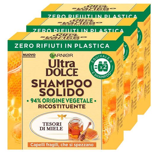 3x Garnier Ultra Dolce Shampoo Solido Ricostituente Tesori di Miele con Ingredienti di Origine Naturale per Capelli Fragili che si Spezzano - 3 Shampoo Solidi da 60g
