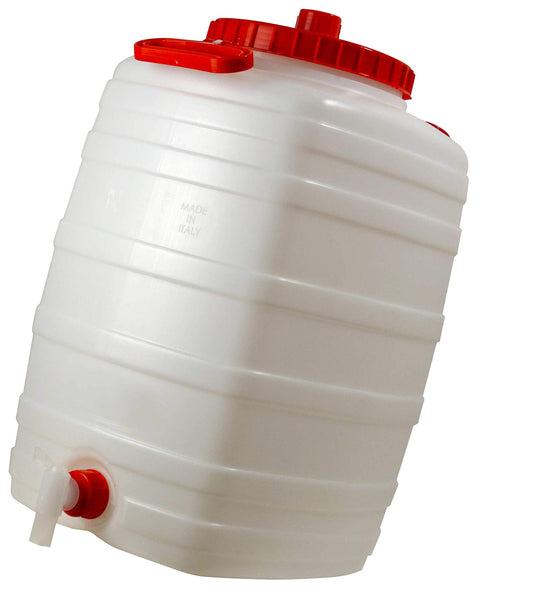 Bottiglione in plastica (HDPE), quadrato con collo largo e rubinetto, capacità 50 Lt, maniglie laterali in plastica e tappo a vite (incluso)