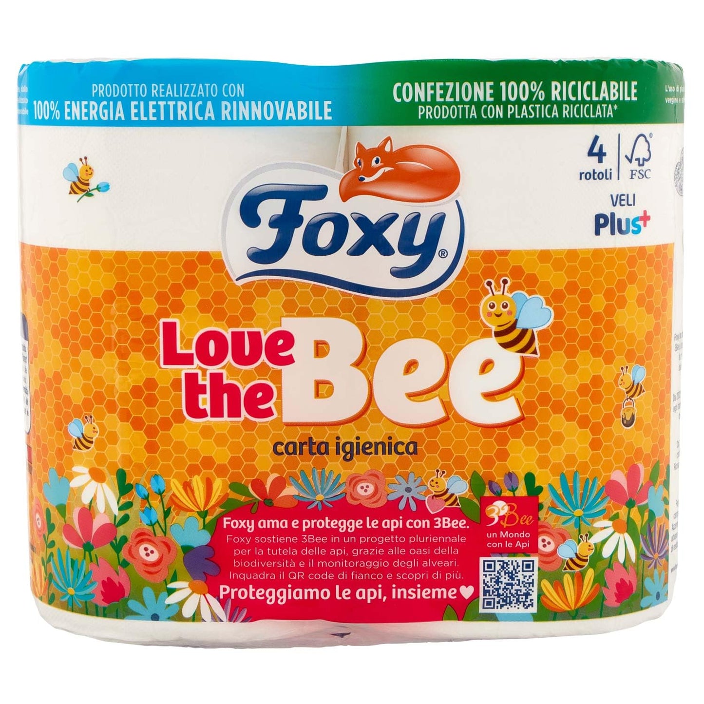 FOXY CARTA IGIENICA LOVE THE BEE 2 VELI 4 ROTOLI (8 CONFEZIONI X 4 ROTOLI = TOTALE 32 ROTOLI)