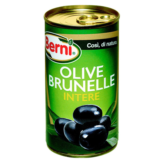 Berni Olive Brunelle Intere in Salamoia Conserva Condimento per Aperitivi Piatti di Carne e Insalate - Lattina da 350g