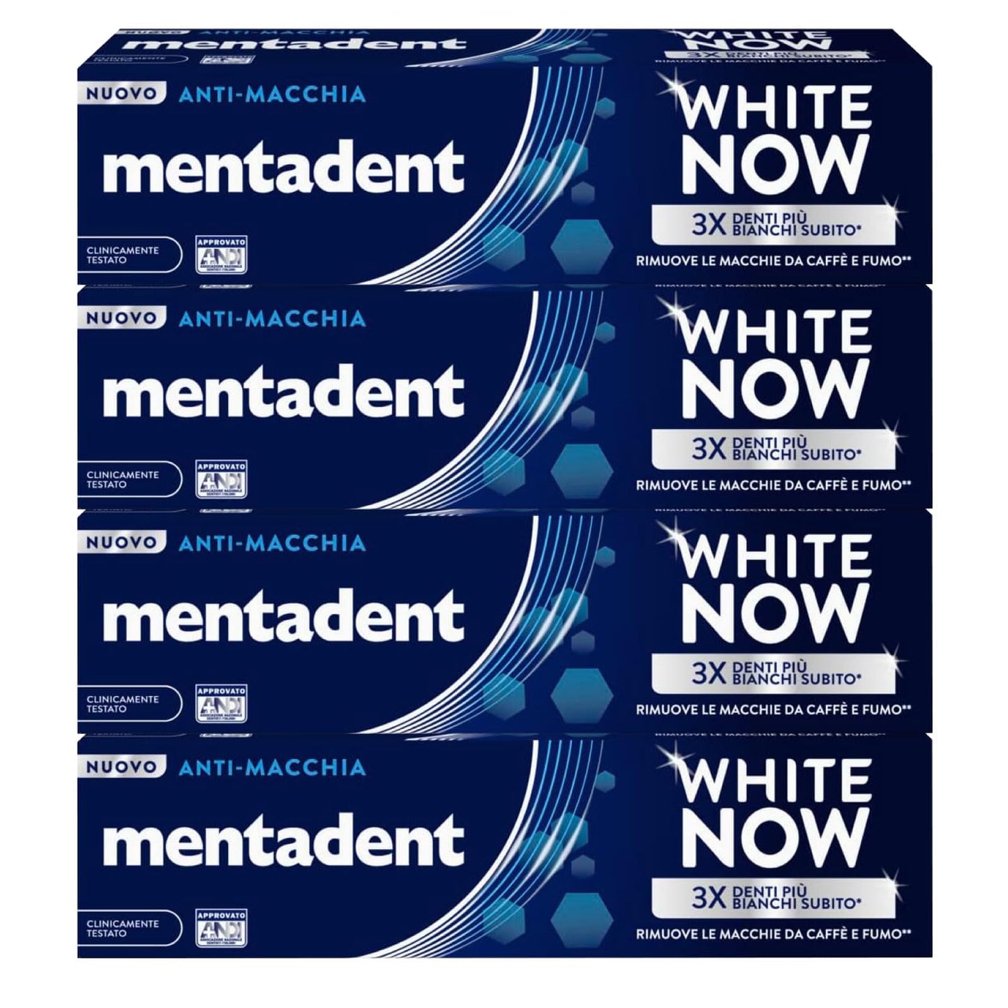 Mentadent White Now Dentifricio Antimacchia Sbiancante Azione Istantanea Contro Macchie Superficiali dei Denti Sbiancamento Temporaneo - 4 Flaconi da 75ml