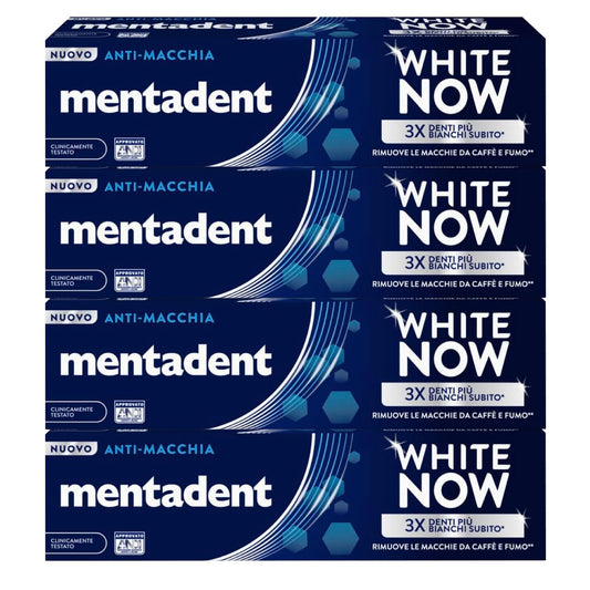 Mentadent White Now Dentifricio Antimacchia Sbiancante Azione Istantanea Contro Macchie Superficiali dei Denti Sbiancamento Temporaneo - 4 Flaconi da 75ml