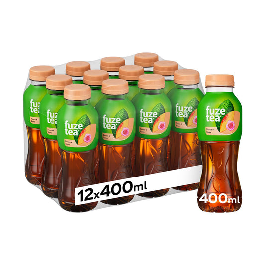 Fuze Tea, Bevanda Rinfrescante Analcolica di Té al Gusto Pesca e Rosa, con Zuccheri ed Edulcorante - 12 Bottiglie da 400 ml