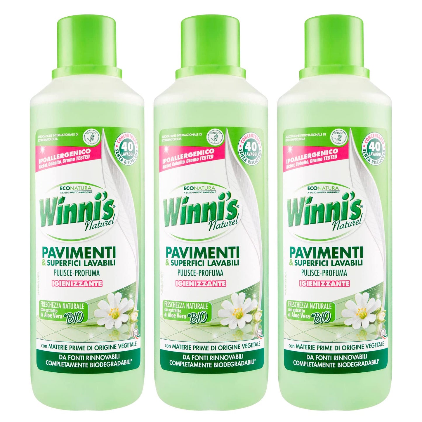 Winni's Naturel Pavimenti e Superfici Lavabili Detergente e Igenizzante Estratto di Aloe Vera Bio Concentrato con Materie Prime di Origine Vegetale Completamente Biodegradabili - 3 Flaconi da 1L
