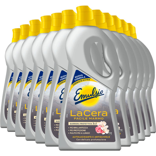 Emulsio La Cera Facile Marmo Autolucidante per Pavimenti Formula Professionale Barriera 3in1 Protezione Brillantezza e Pulizia - 12 Flaconi da 725ml ognuno