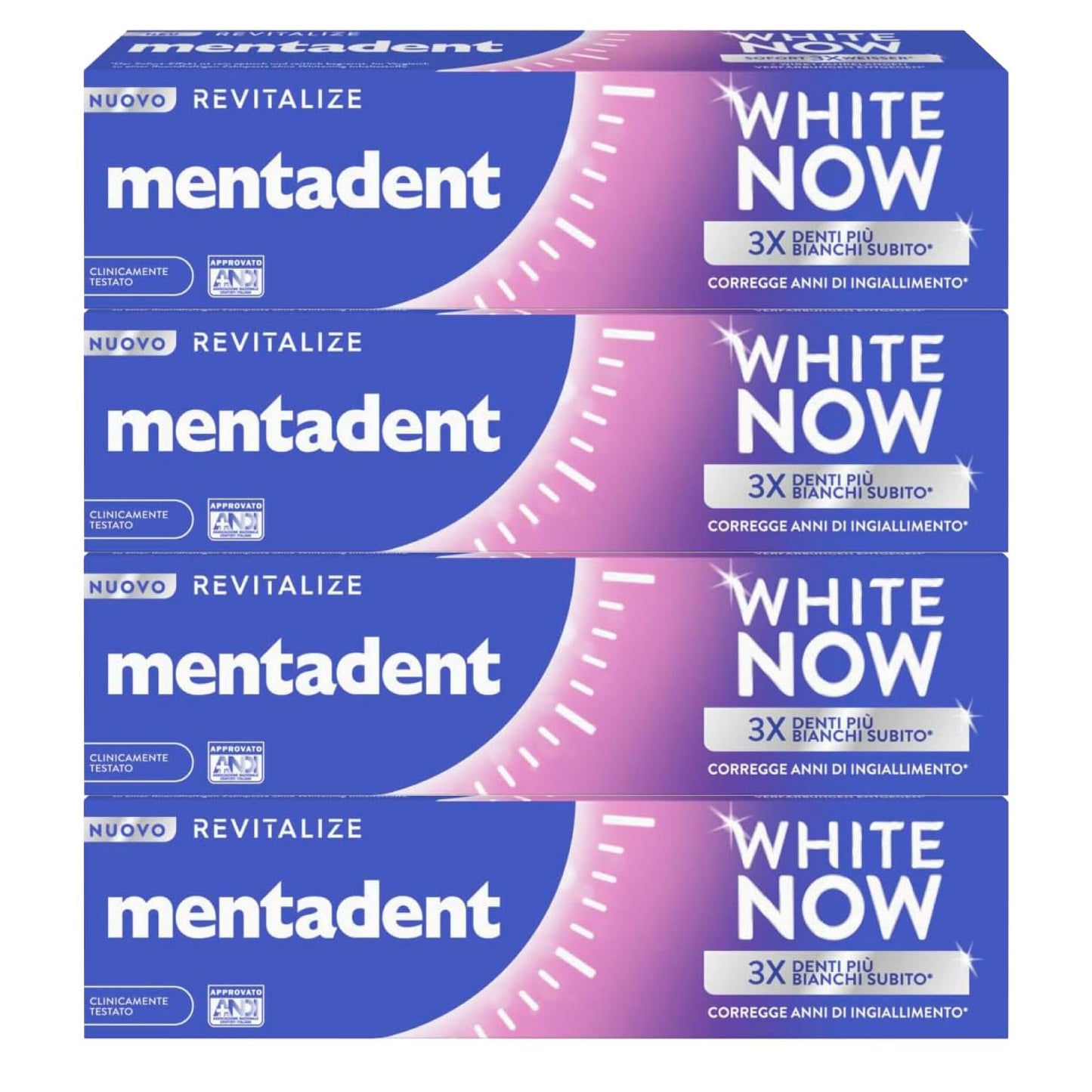 Mentadent White Now Revitalize Dentifricio Sbiancante Contro Ingiallimento Denti per Smalto Naturale Sbiancamento Temporaneo - 4 Flaconi da 75ml