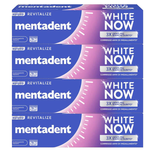 Mentadent White Now Revitalize Dentifricio Sbiancante Contro Ingiallimento Denti per Smalto Naturale Sbiancamento Temporaneo - 4 Flaconi da 75ml