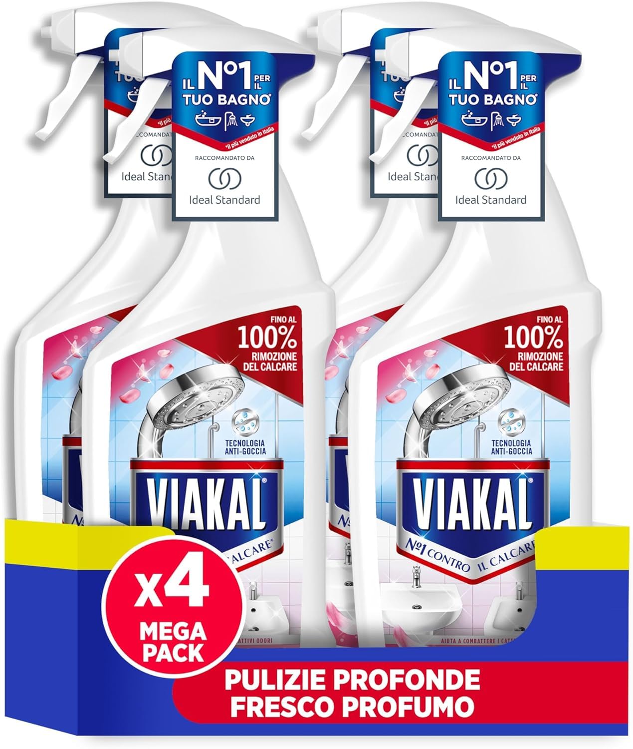 Viakal Spray Anticalcare, Confezione da 4 x 720ml, Fragranza Fresco Profumo, Tecnologia Anti-Goccia, Elimina Fino Al 100% Di Calcare e Residui di Sapone, Con Segnalibro Viakal