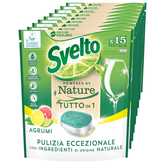 Svelto Powered By Nature Tutto in 1 Pastiglie Lavastoviglie Pulizia Eccezionale Profumo Agrumi Azione Sgrassante Idrosolubili con Ingredienti di Origine Naturale - 9 Confezioni da 15 Pastiglie