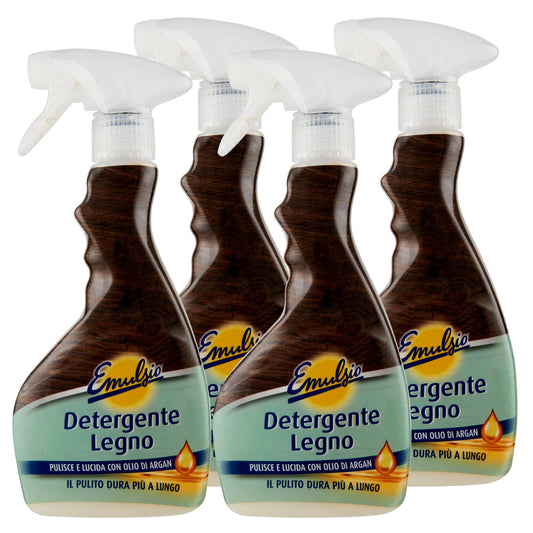 4x Emulsio Detergente Legno Spray Pulente e Lucidante con Olio d'Argan per Mobili in Legno- 4 Flaconi da 375ml ognuno