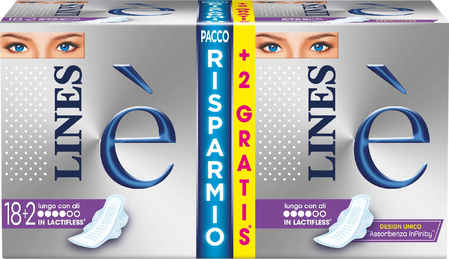 LINES È Lungo Assorbenti in Lactifless con Ali, Pacco Scorta, Confezione da 18+2 pezzi