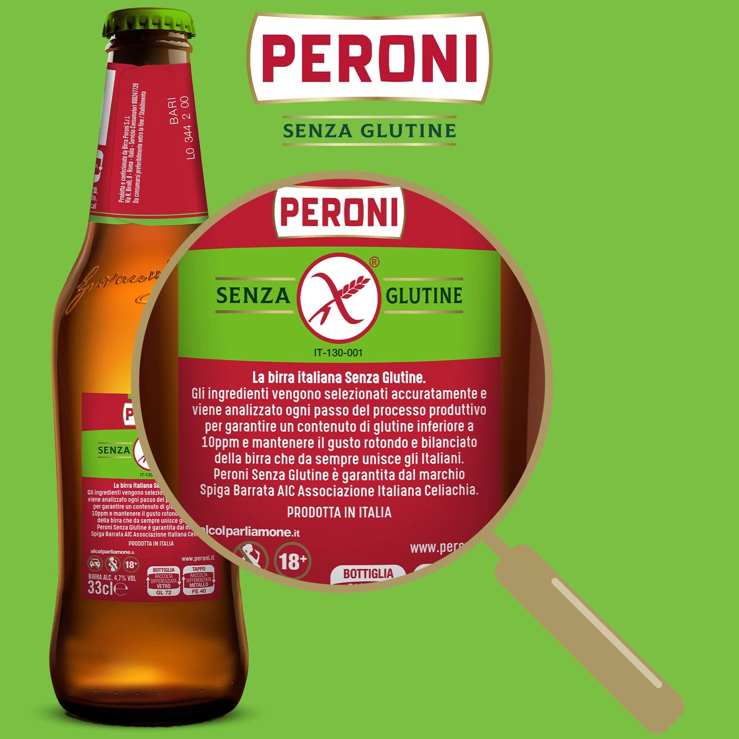 Peroni Birra Senza Glutine, Cassa Birra con 24 Birre in Bottiglia da 33 cl, 7.92 L, Gusto Moderatamente Amaro, Gradazione Alcolica 4.7% Vol