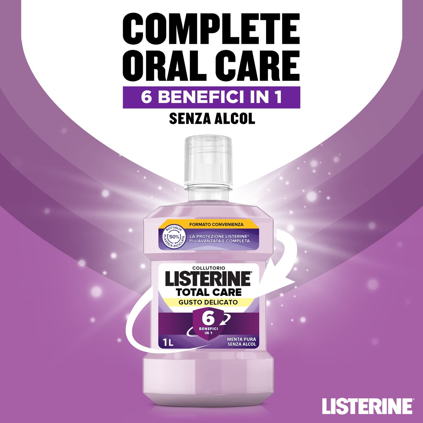 LISTERINE Collutorio, Total Care, Gusto Delicato, 6 Benefici in 1, Menta Delicata, Zero Alcol, Alito fresco - 2 x 1 L