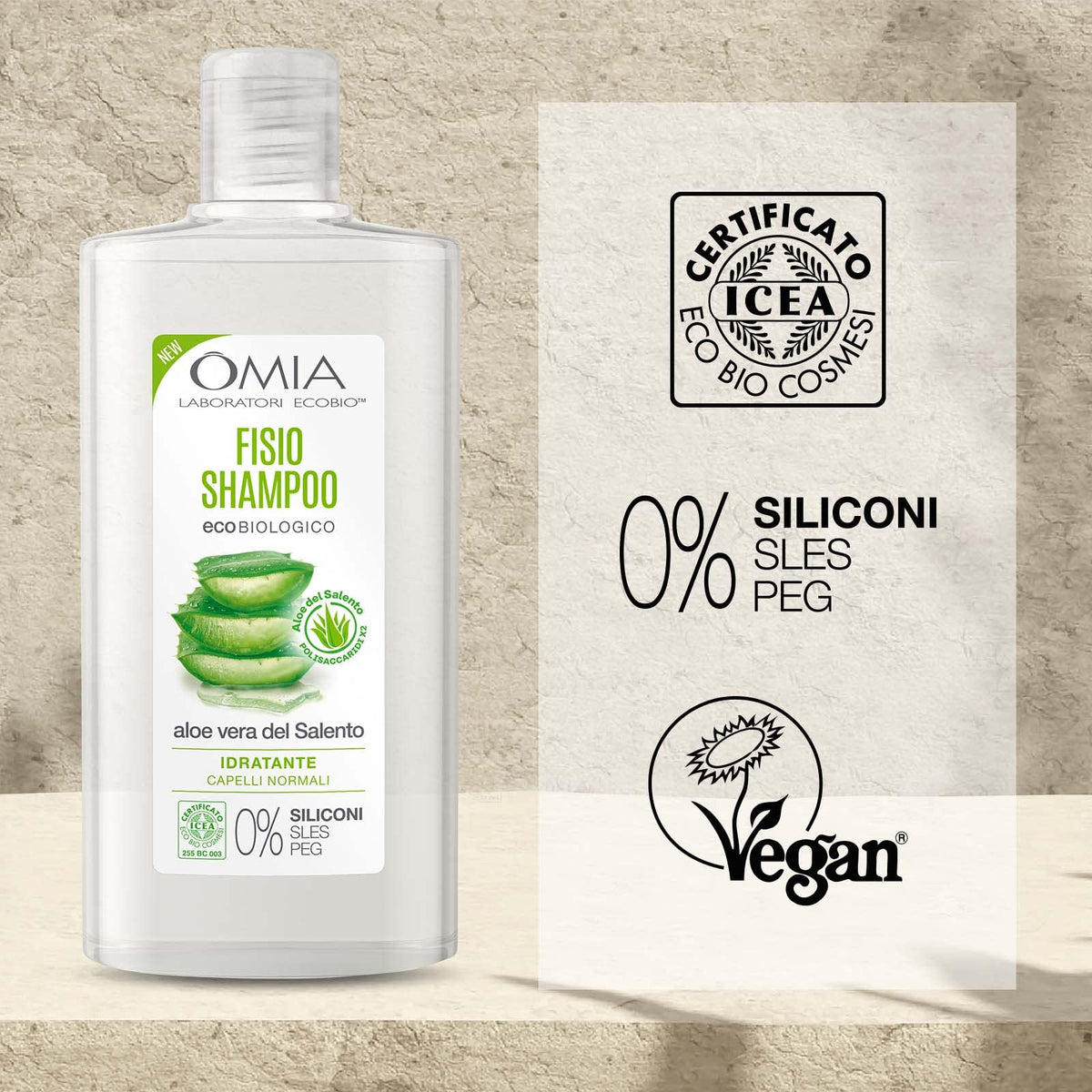 Omia, Fisio Shampoo Eco Bio con Aloe Vera del Salento, Per Capelli Normali, Idratante ed Equilibrante, Adatto ad un Uso Frequente, Senza Siliconi, Dermatologicamente Testato - Flacone da 200 ml