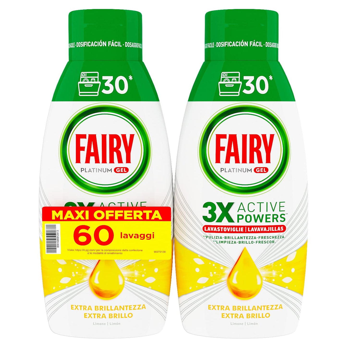 Fairy Detersivo Lavastoviglie Gel Liquido, 60 Lavaggi, Confezione Da 2 Bottiglie, Platinum Limone, Dona Extra Brillantezza Alla Lavastoviglie, Combina Pulizia Brillantezza E Freschezza