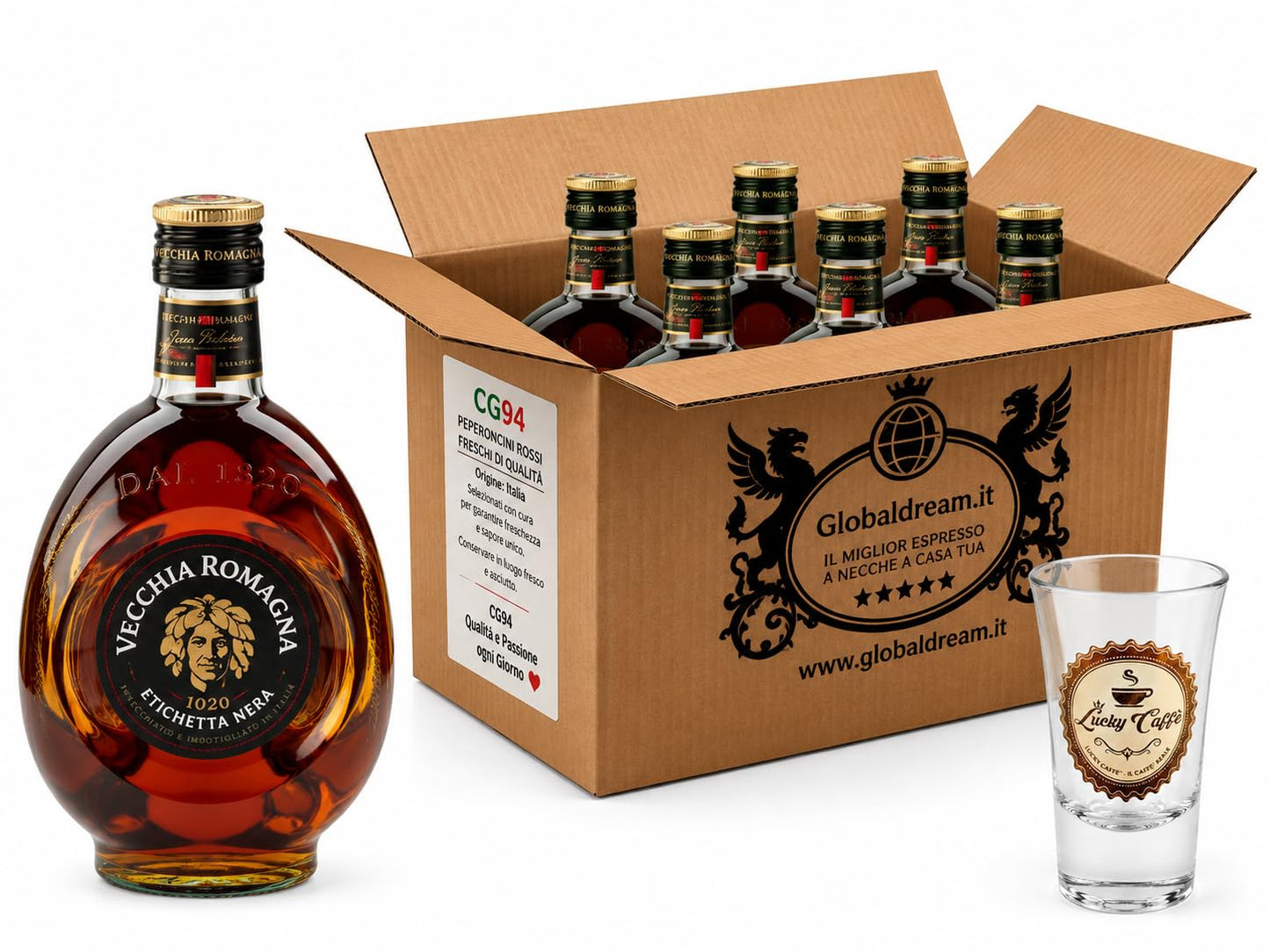 CG94 - Confezione con SET di 6 Bottiglie - Vecchia Romagna 70 cl - Etichetta Nera, Brandy con Doppio Invecchiamento, 38% Vol., Gusto Elegante con Note di Vaniglia + OMAGGIO BICCHIERE SHOTTINO