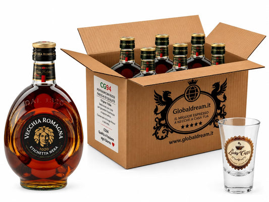 CG94 - Confezione con SET di 6 Bottiglie - Vecchia Romagna 70 cl - Etichetta Nera, Brandy con Doppio Invecchiamento, 38% Vol., Gusto Elegante con Note di Vaniglia + OMAGGIO BICCHIERE SHOTTINO