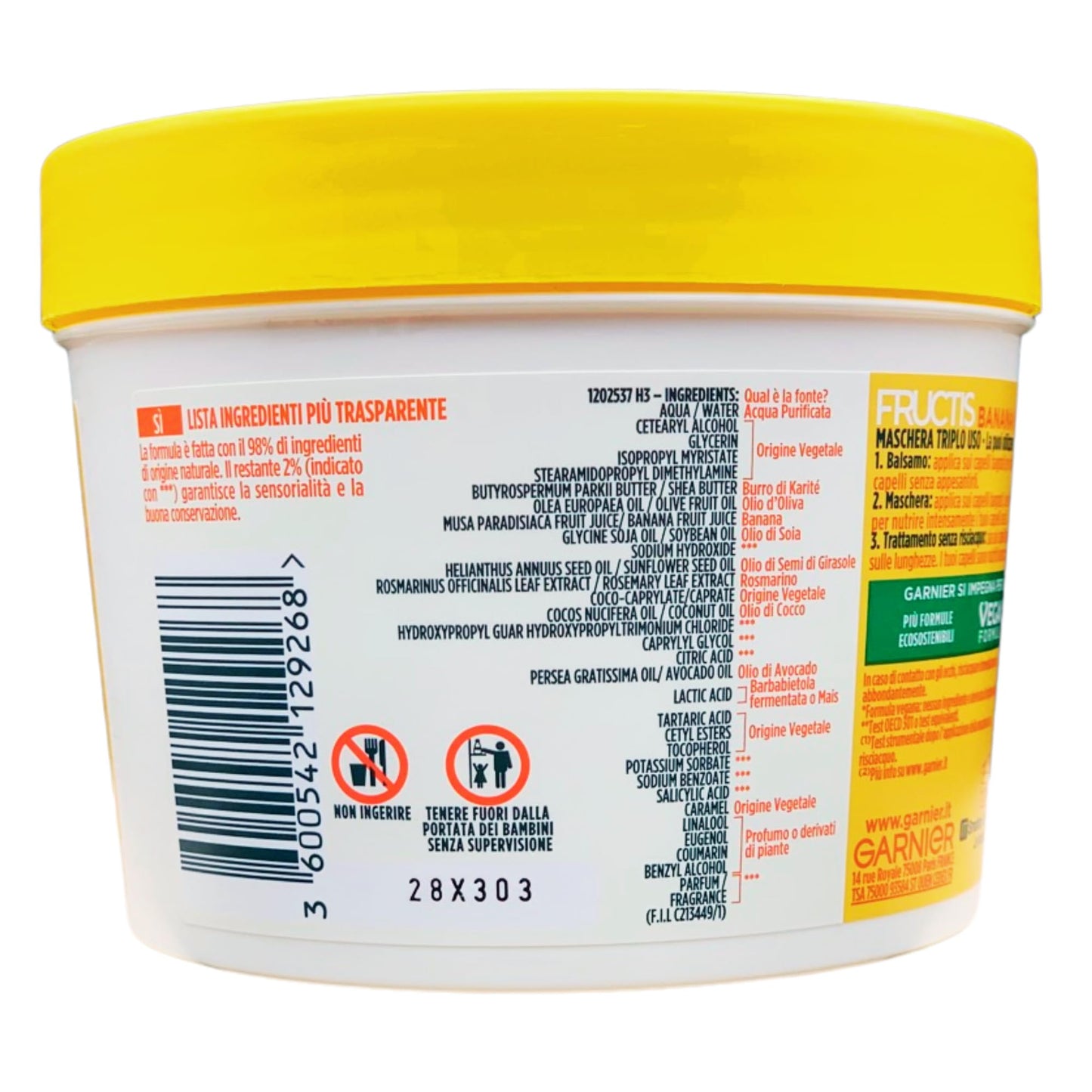 3x Maschera HAIR FOOD BANANA Nutriente, Per Capelli Secchi. La formula è fatta con il 98% di ingredienti di origine naturale. Triplo Uso: Balsamo, Maschera e Trattamento Senza Risciacquo 390ml