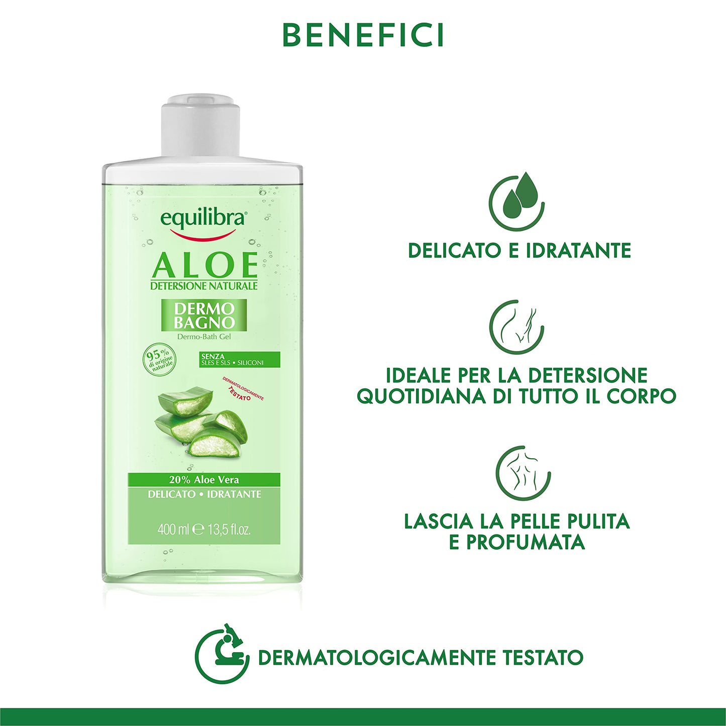 Equilibra Aloe Dermo-Bagno, Gel-Doccia ad Azione Idratante, Emolliente e Rinfrescante, per una Pelle Pulita e Profumata, Con Succo di Aloe, Glicerina ed Estratto di Mela Bio, 400 ml