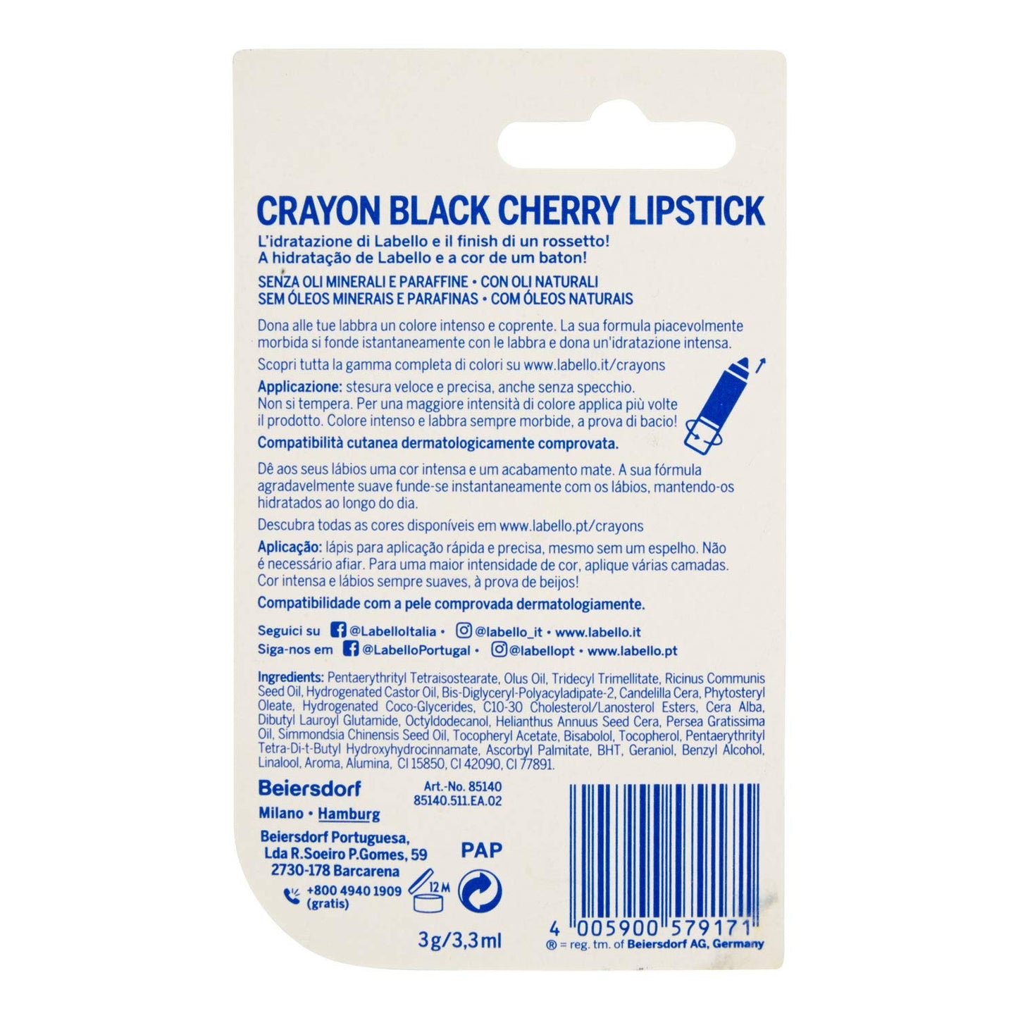 Labello Balsamo Labbra Colorato Crayon Lipstick, Black Cherry, 3g