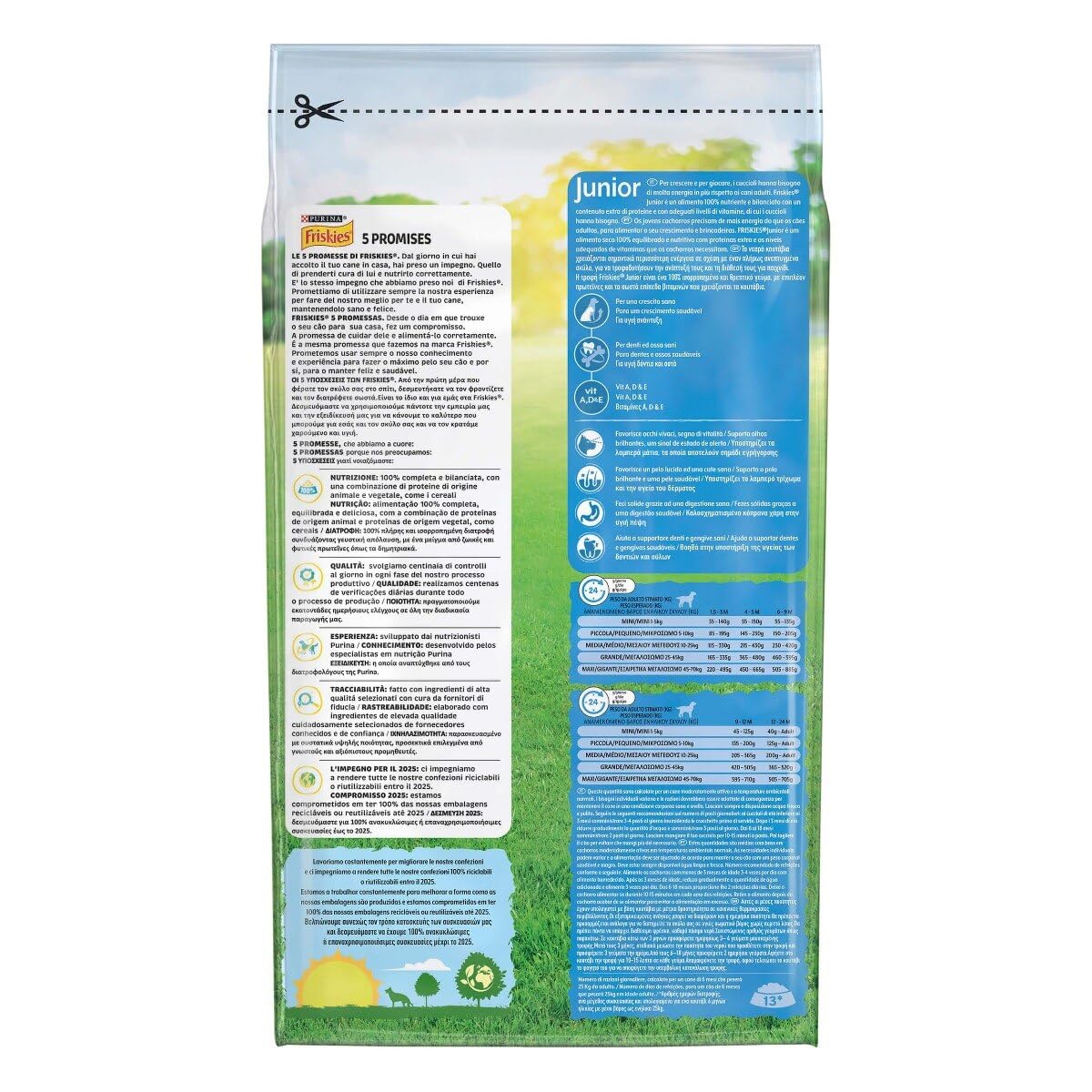 PURINA FRISKIES 5 Promesse Crocchette per Cani Cuccioli con Pollo, Verdure e Latte Sacco da 1.5kg