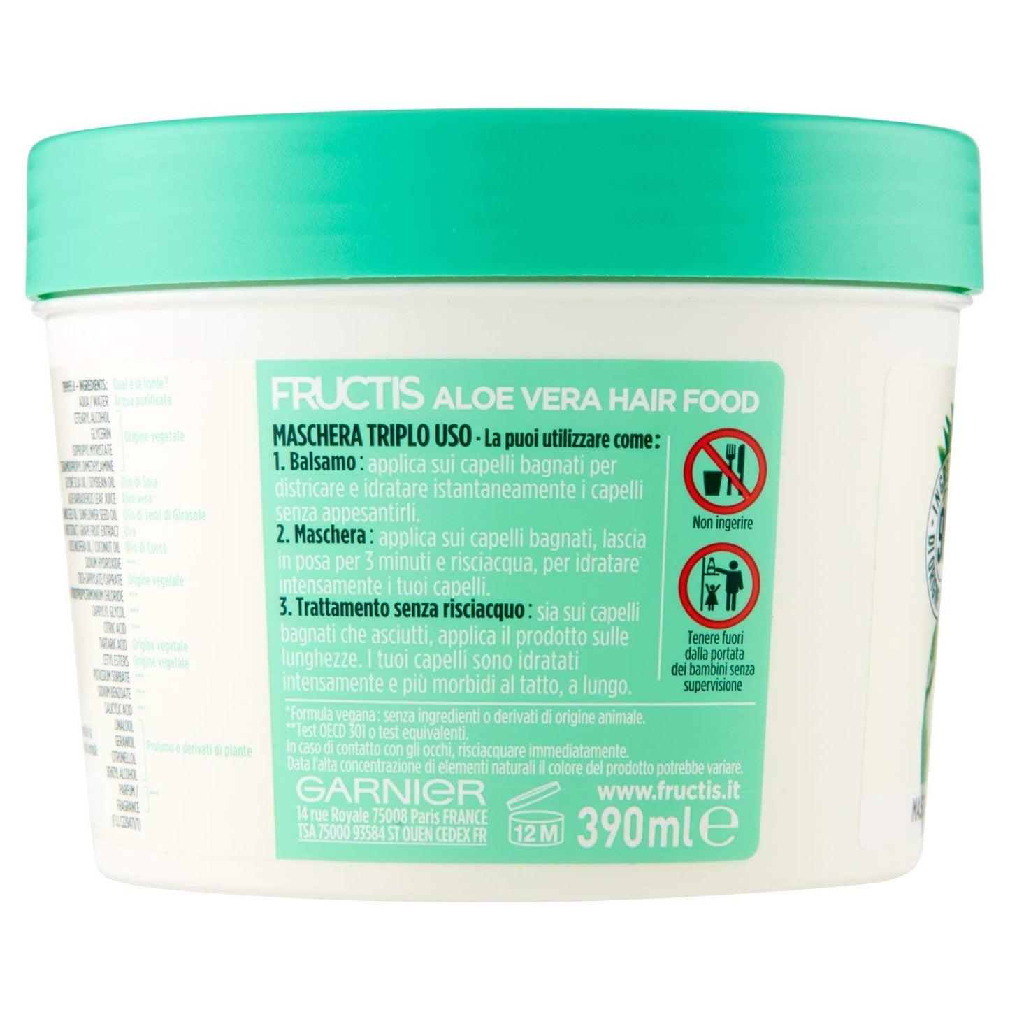 Garnier Fructis Hair Food Aloe Vera Maschera Riparatrice 3 in 1 con Formula Vegana con 97% ingredienti di origine naturale per Capelli Danneggiati