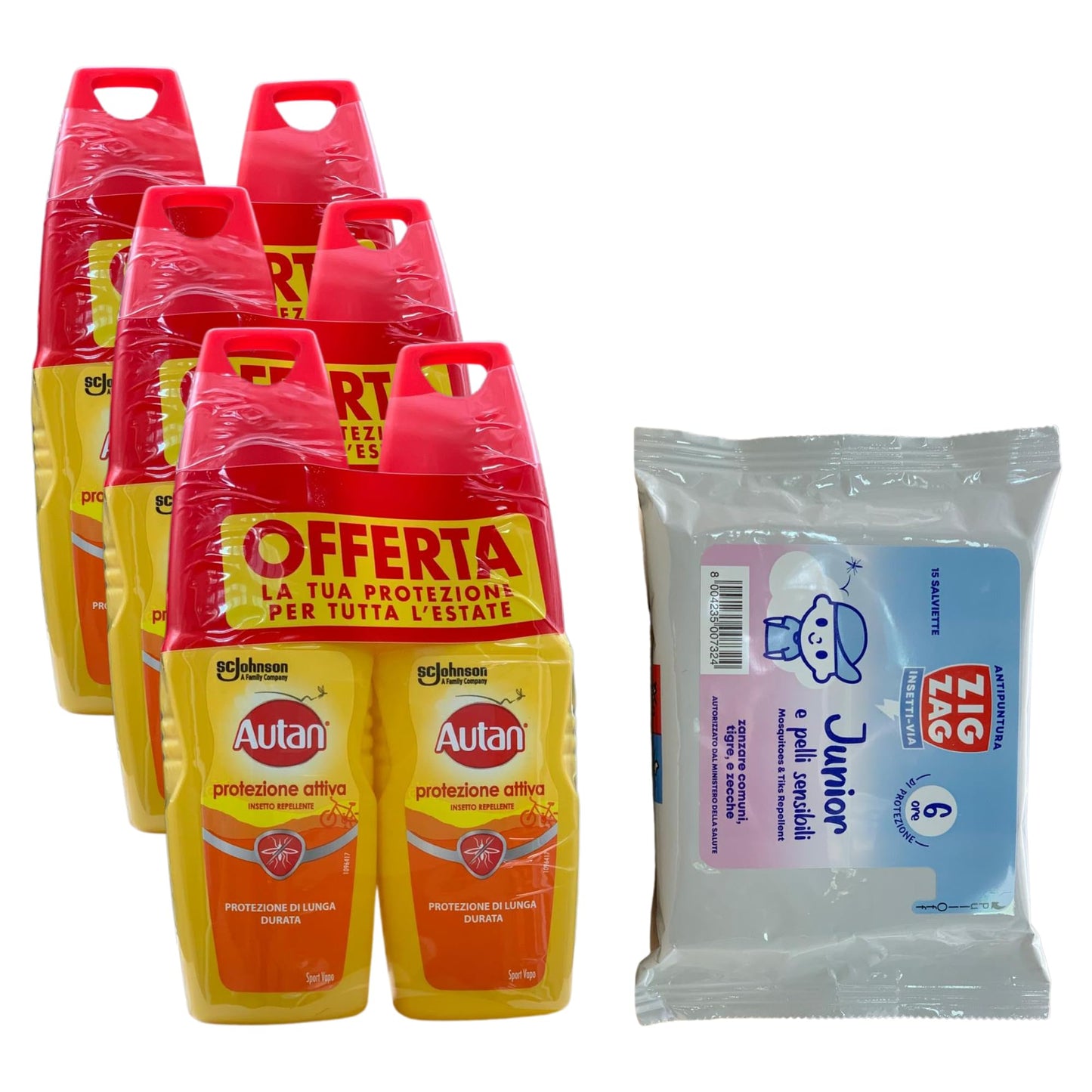 AUTAN PROTEZIONE ATTIVA DI LUNGA DURATA - 3 CONFEZIONI BIPACCO 6X100ML più 1 confezione ZIGZAG Pelli Sensibili salviette antipuntura