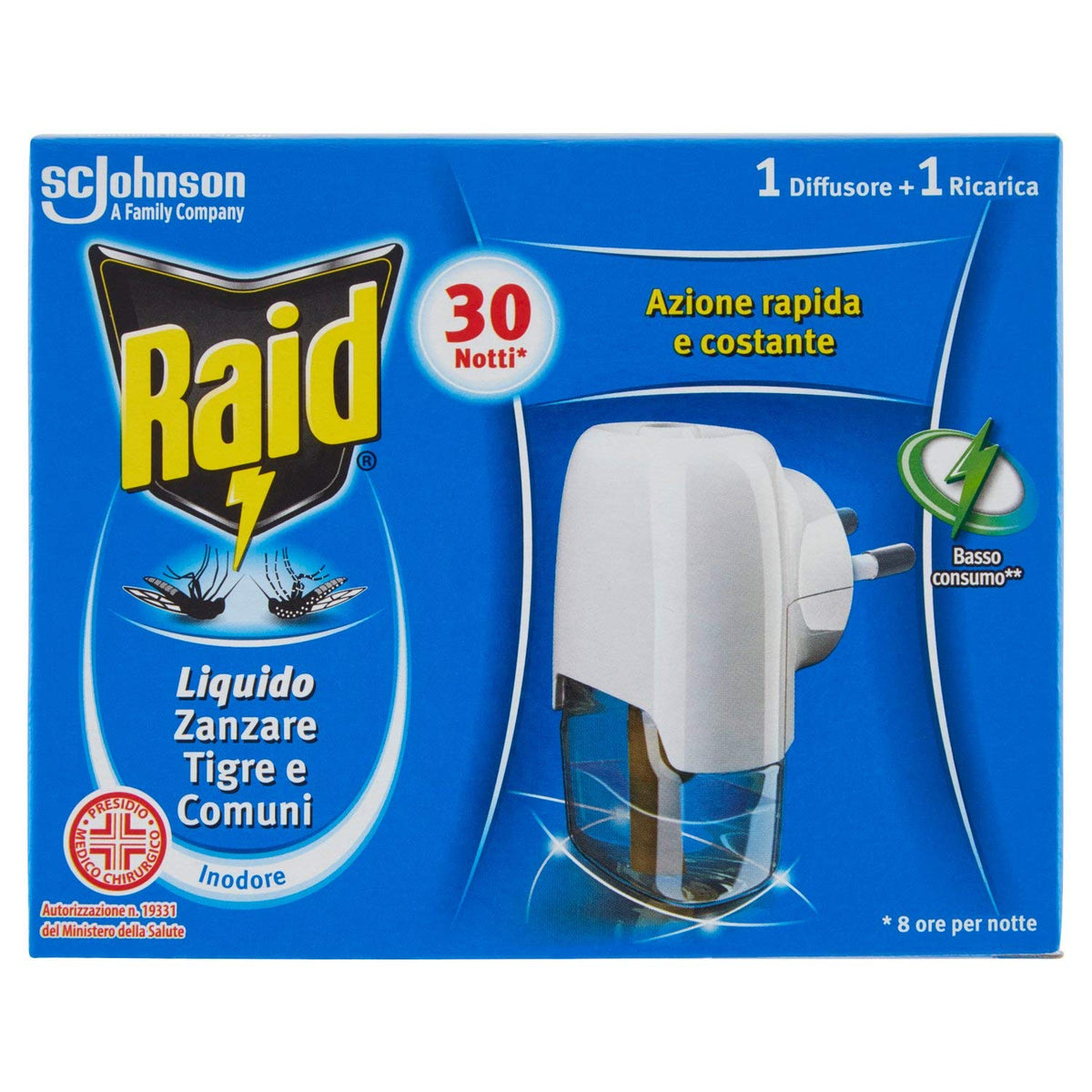 Raid Liquido Elettrico Antizanzare 30 Notti - 1 Diffusore + 1 Ricarica - 21 ml