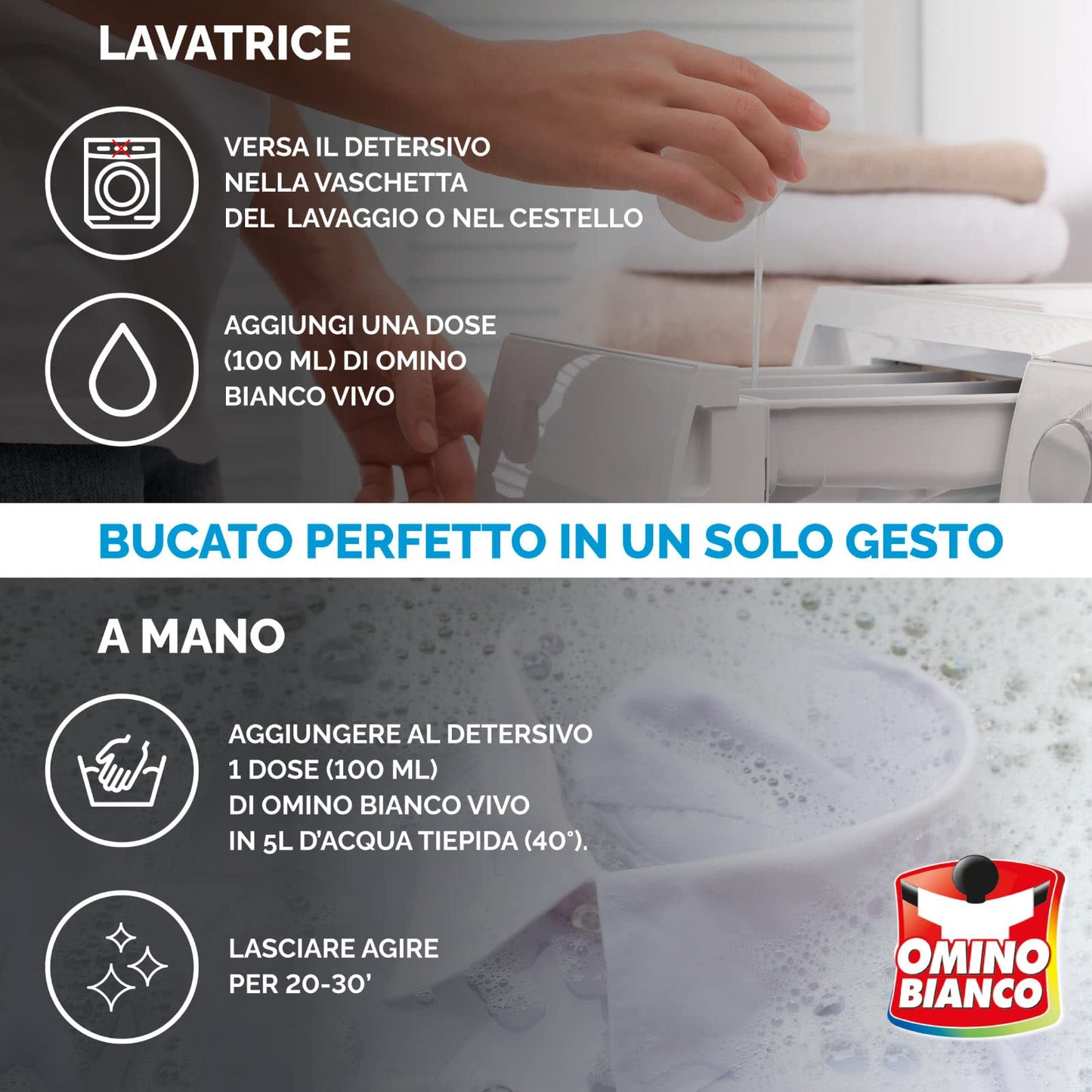 Omino Bianco - Additivo Lavatrice Bianco Vivo 5 Azioni in 1 per Bucato, Extra Smacchiante e Igienizzante, 900ml x 4 Pezzi