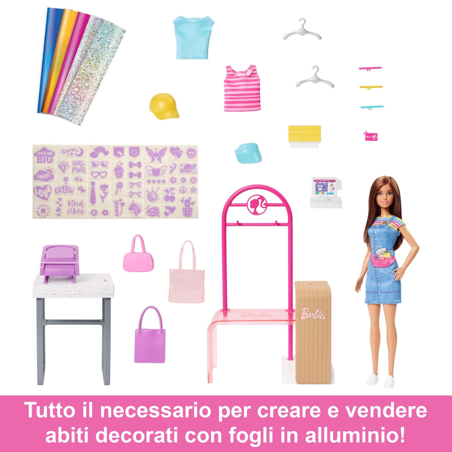Barbie - Make & Sell Boutique, playset con Bambola e Accessori alla Moda Inclusi, espositore, Stampante e Adesivi per Creare 150+ Look Personalizzati, Giocattolo per Bambini, 5+ Anni, HKT78