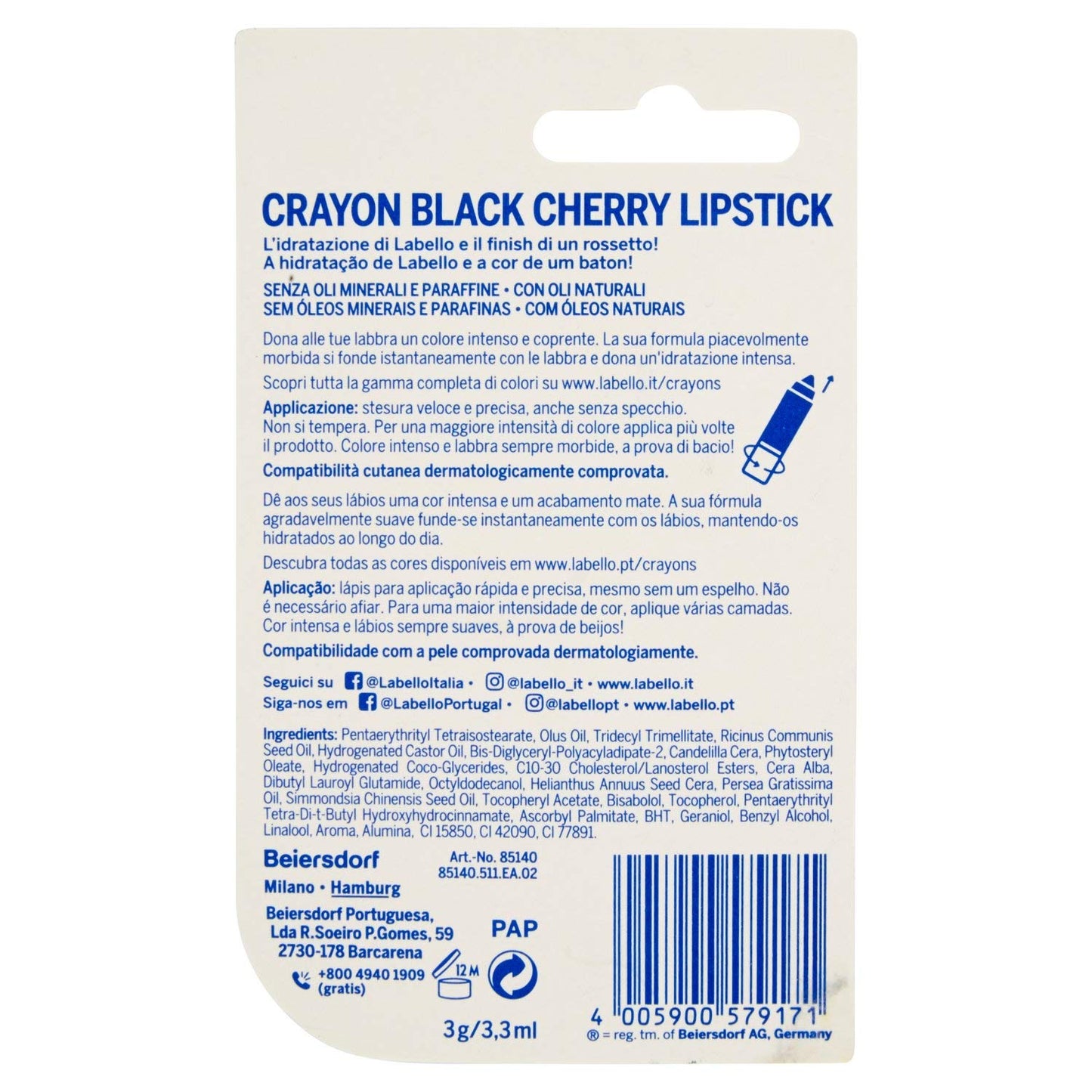 Labello Crayon Lipstick Matitone Labbra Colora e Idrata, senza Oli Minerali e Parabeni, Blackcherry
