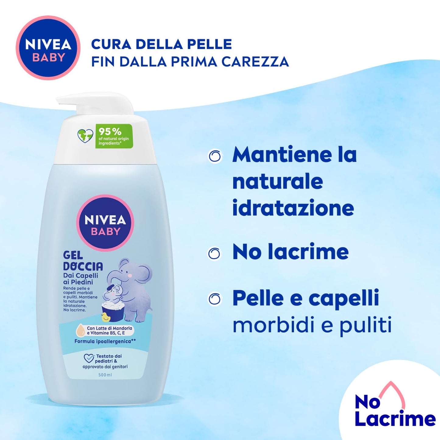 Nivea Baby Gel Doccia dai Capelli ai Piedini Shampoo bambini Corpo e Capelli Docciashampoo delicato e ipoallergenico Detergente con Latte di Mandorla - 5 Flaconi da 500ml