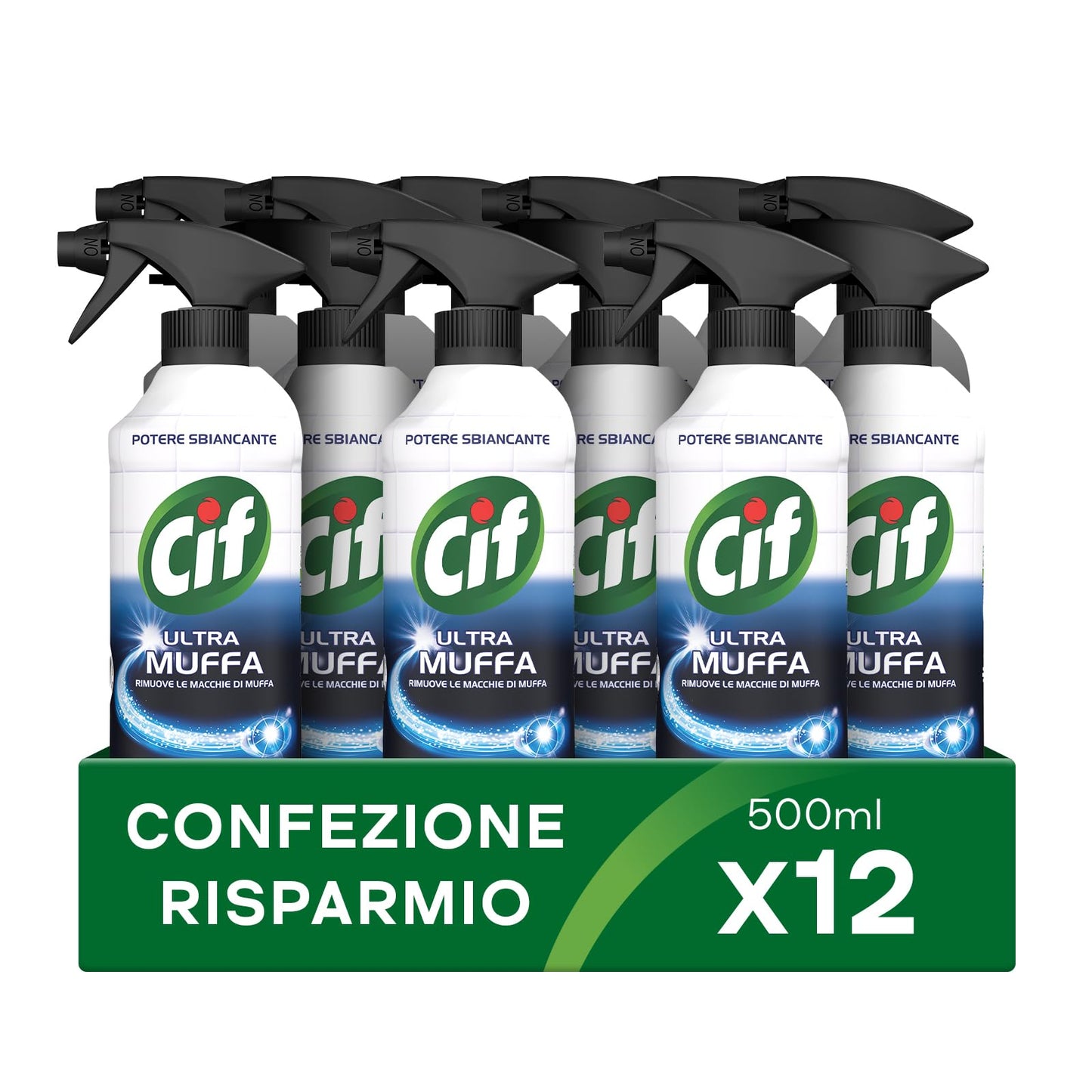 Cif Ultra Muffa, Spray Antimuffa, Formato 12 Pezzi da 500 ml, Spray Detergente Ideale per Muri, Piastrelle, Tende da Bagno, Rimuove le Macchie di Muffa e Sbianca le Fughe tra le Piastrelle