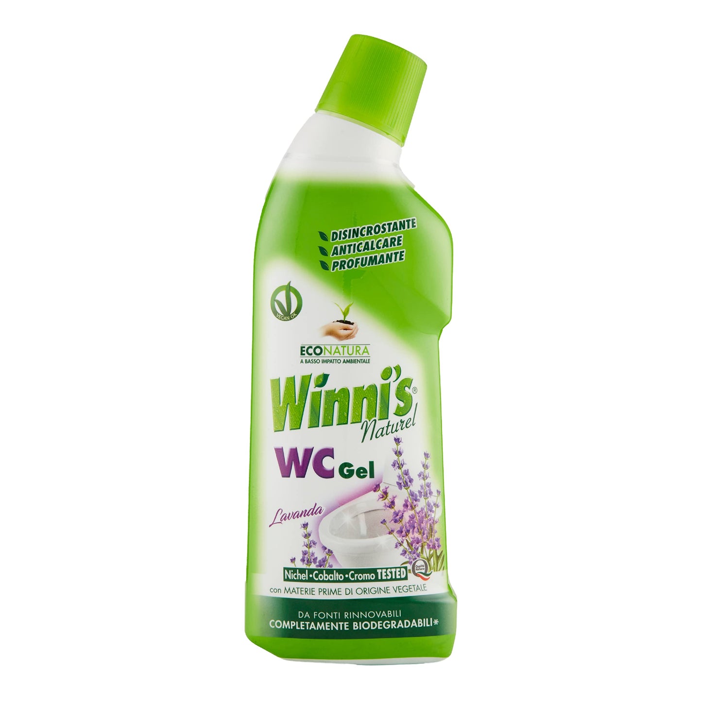 Winni's - WC Gel, Detergente Liquido per Sanitari, Azione Disincrostante, Anticalcare e Profumante, Fragranza alla Lavanda, con Materie Prime di Origine Vegetale e Bio, 750 ml x 12 Confezioni