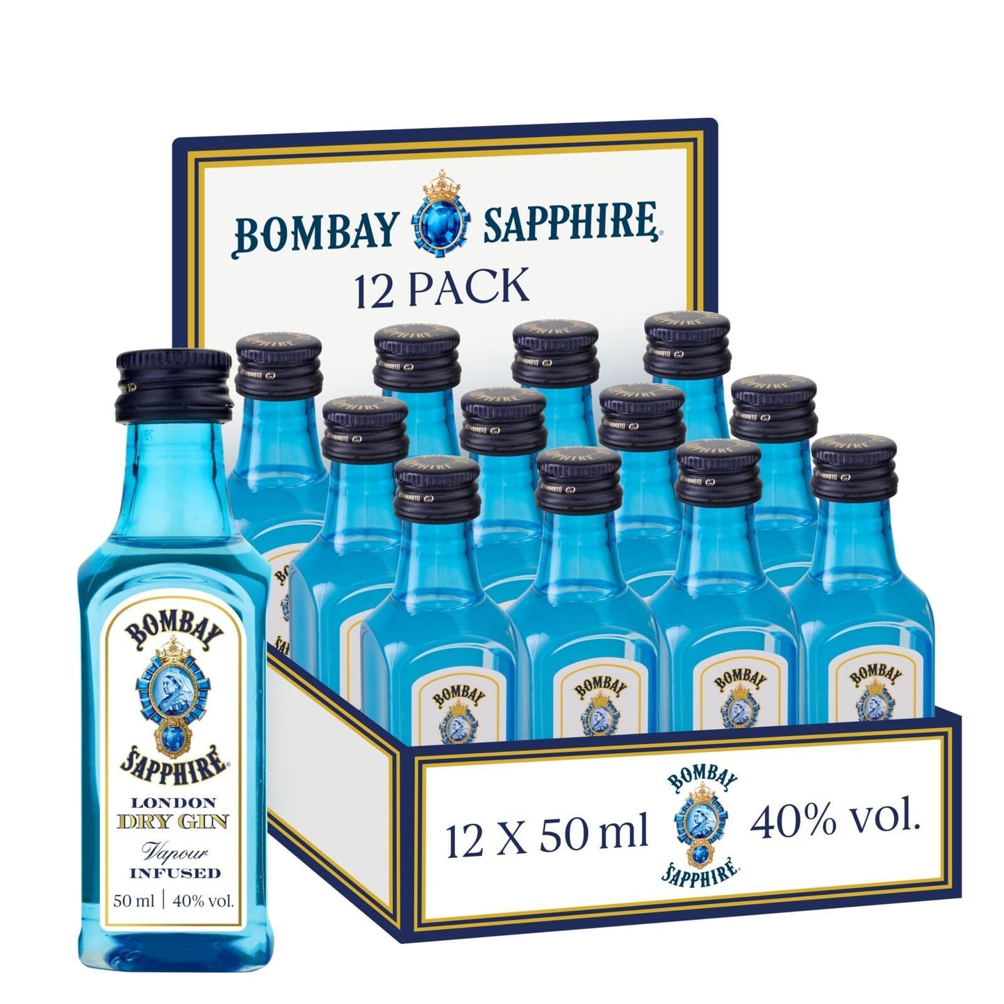 Miniature di Bombay Sapphire London Dry Gin, 40% vol., 5 cl / 50 ml (Confezione da 12), gin 100% infuso a vapore con 10 botanical accuratamente selezionati