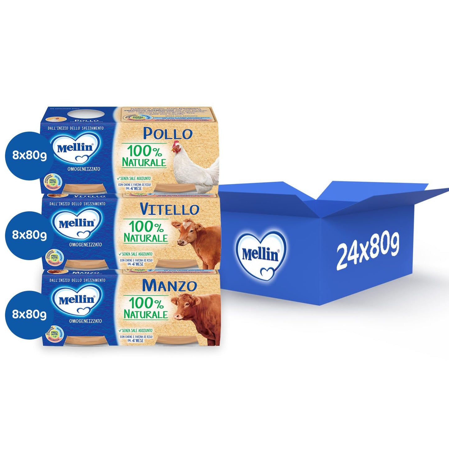 Mellin Omogeneizzato Naturale, Mix Gusti Carne, 24 Vasetti Da 80 Gr