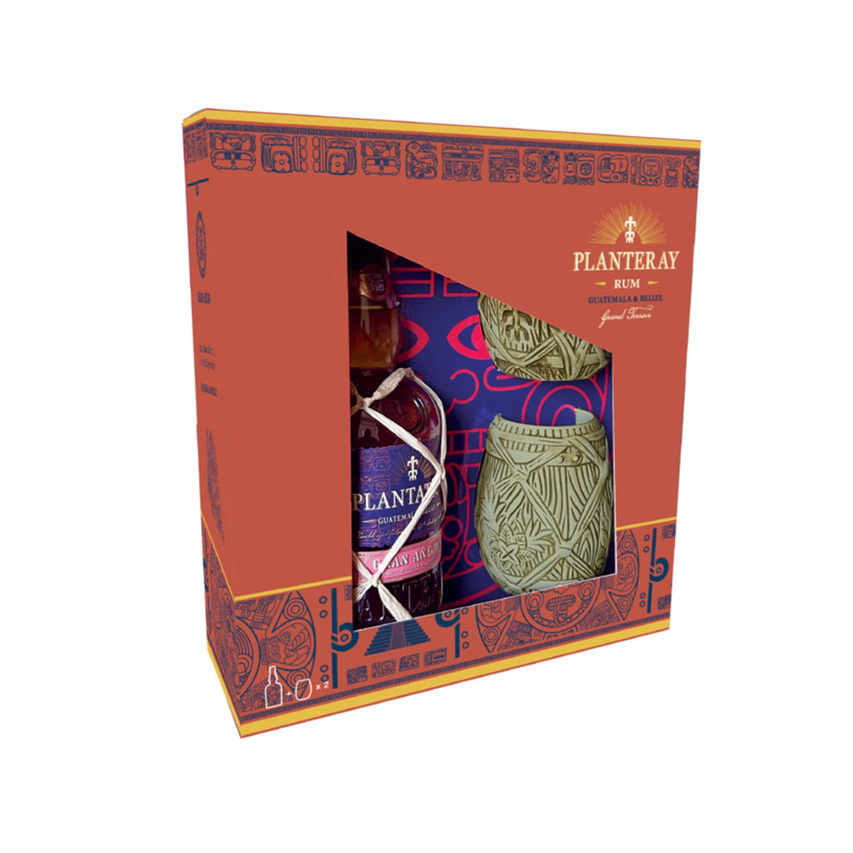 Planteray Rum Gran Anejo, 700ml, Confezione Regalo con 2 Tiki Mug, Rum Scuro Artigianale, Note Speziate e Vanigliate, Invecchiato 3 Anni, Miscela da Guatemala e Belize, Affinato in Francia, 42% Vol.
