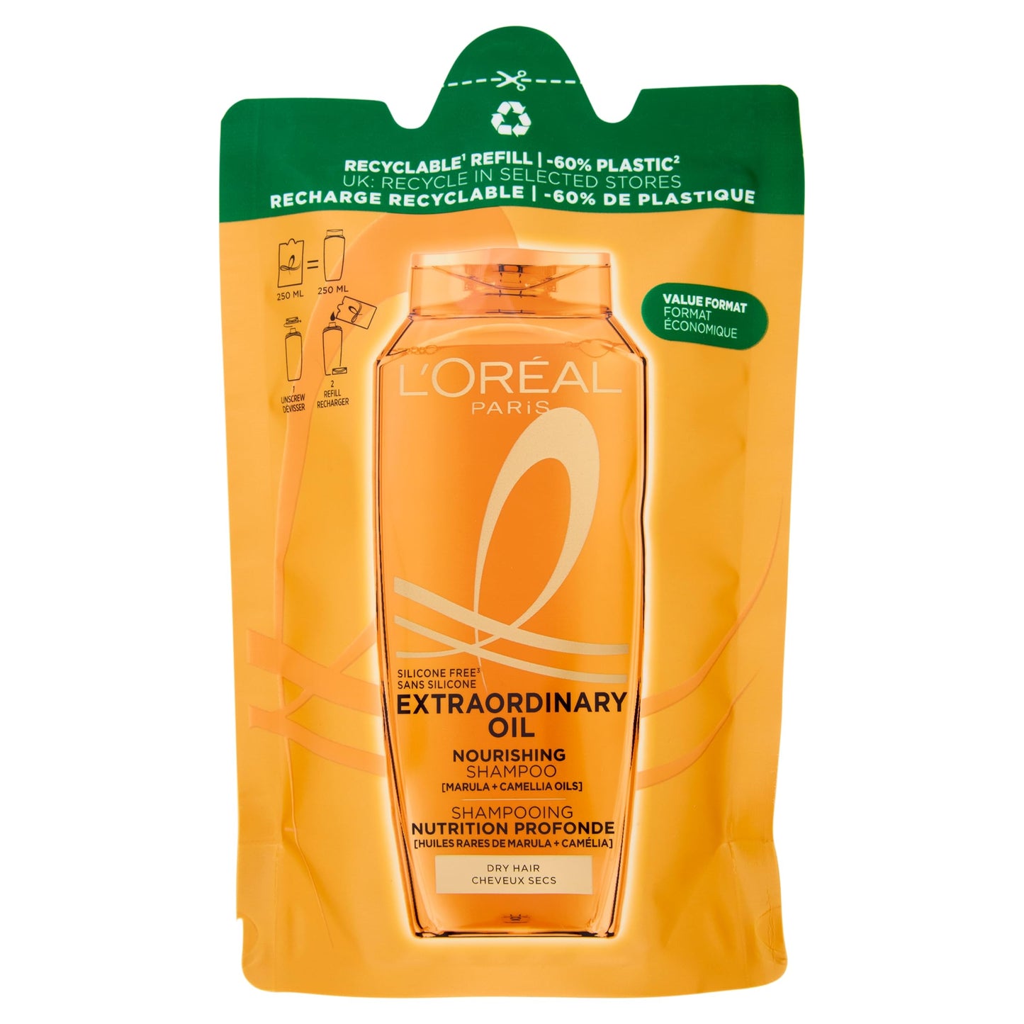 L'Oréal Paris Elvive Shampoo Nutriente, Ideale per Capelli Secchi, Capelli Nutriti e Lucenti Per 8 Settimane, Con Oli di Camelia e Marula, Formato Convenienza Eco-Ricarica, Olio Straordinario, 250 ml
