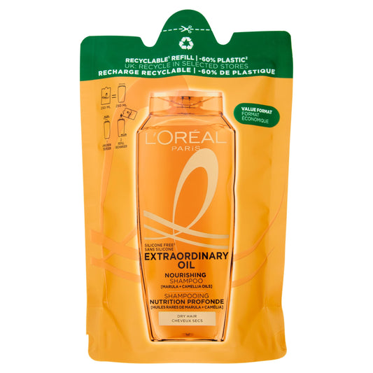L'Oréal Paris Elvive Shampoo Nutriente, Ideale per Capelli Secchi, Capelli Nutriti e Lucenti Per 8 Settimane, Con Oli di Camelia e Marula, Formato Convenienza Eco-Ricarica, Olio Straordinario, 250 ml