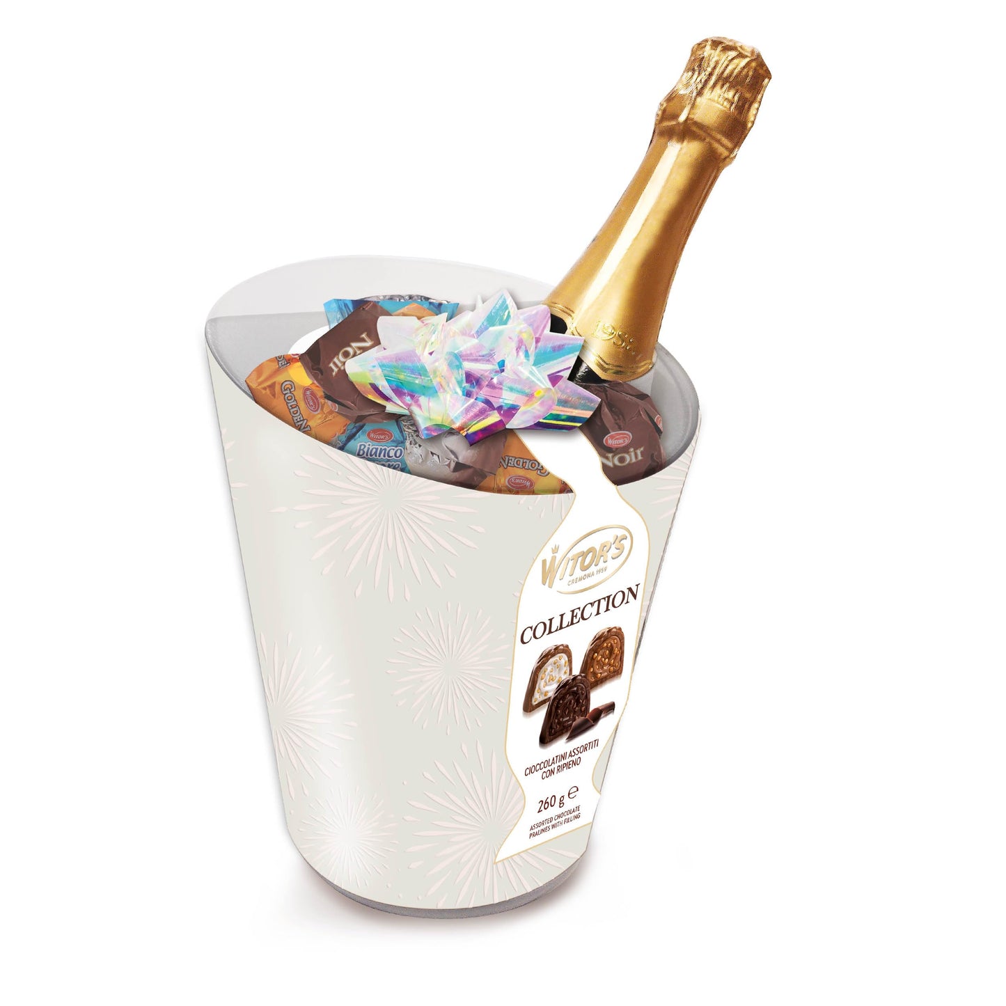WITOR'S - Collection Cesto Regalo con Spumante - Cioccolatini al Latte e Fondente Ripieni con Creme - Praline di Cioccolato Fondente e al Latte Finissimo con Spumante Morando da 750 ml - 260 gr