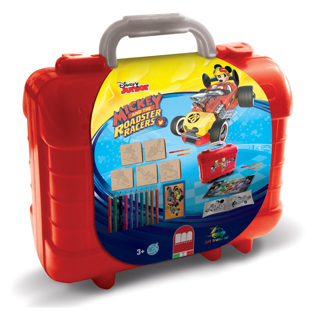 Multiprint Valigetta Travel Set Disney Mickey, Made in Italy, Album da Colorare, con Puzzle e Matite, Set Timbrini Bimbi, Legno e Gomma Naturale, Inchiostro Lavabile Atossico, Idea Regalo, art.42945
