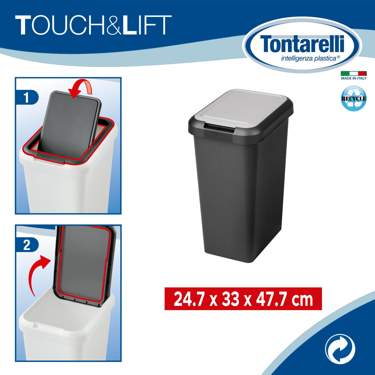 Tontarelli - Cestini e secchi di riciclaggio collezione TOUCH & LIFT, varie capacità e colori disponibili