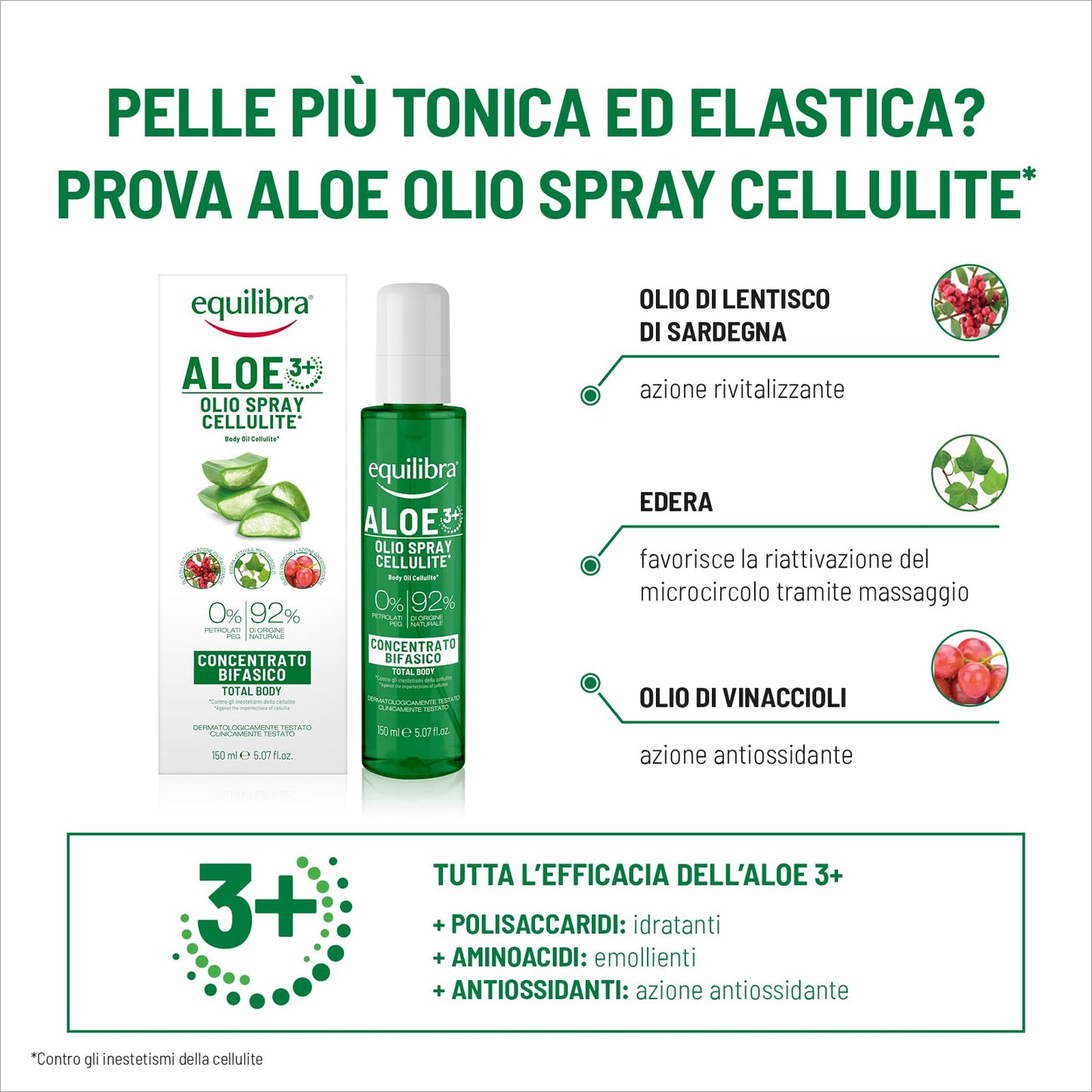 Equilibra, Olio Corpo Cellulite* Concentrato Bifasico, 150ml, con Aloe Vera Equilibra, Attivo Vegetale da Microalga, Estratto di Ippocastano, Olio di Lentisco, Olio di Vinaccioli, ed Edera