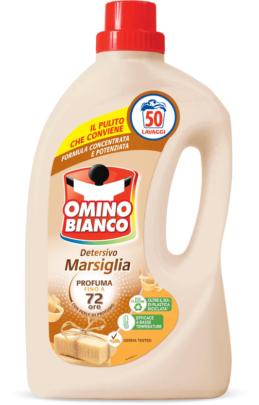 Omino Bianco - Detersivo Lavatrice Liquido, 50 Lavaggi, Rispetta Colori e Tessuti, Fresco Profumo con Essenza Cuore di Marsiglia, 2000 ml
