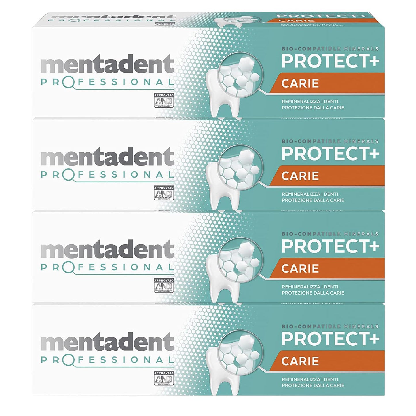 Mentadent Professional Protect+ Carie Dentifricio Remineralizzante Protezione Denti e Smalto con Minerali Biocompatibili e Fluoro - 4 Flaconi da 75ml
