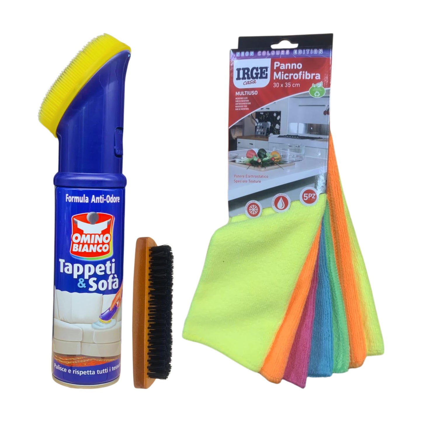 OMINO BIANCO Pulitore per tappeti e diavani, 300ml + pacco 7 pezzi panni microfibra 30x40 + spazzola per pulizia tappeti